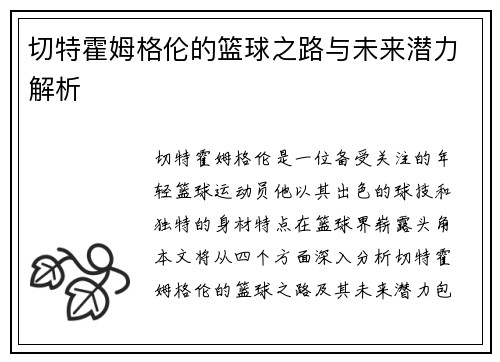 切特霍姆格伦的篮球之路与未来潜力解析